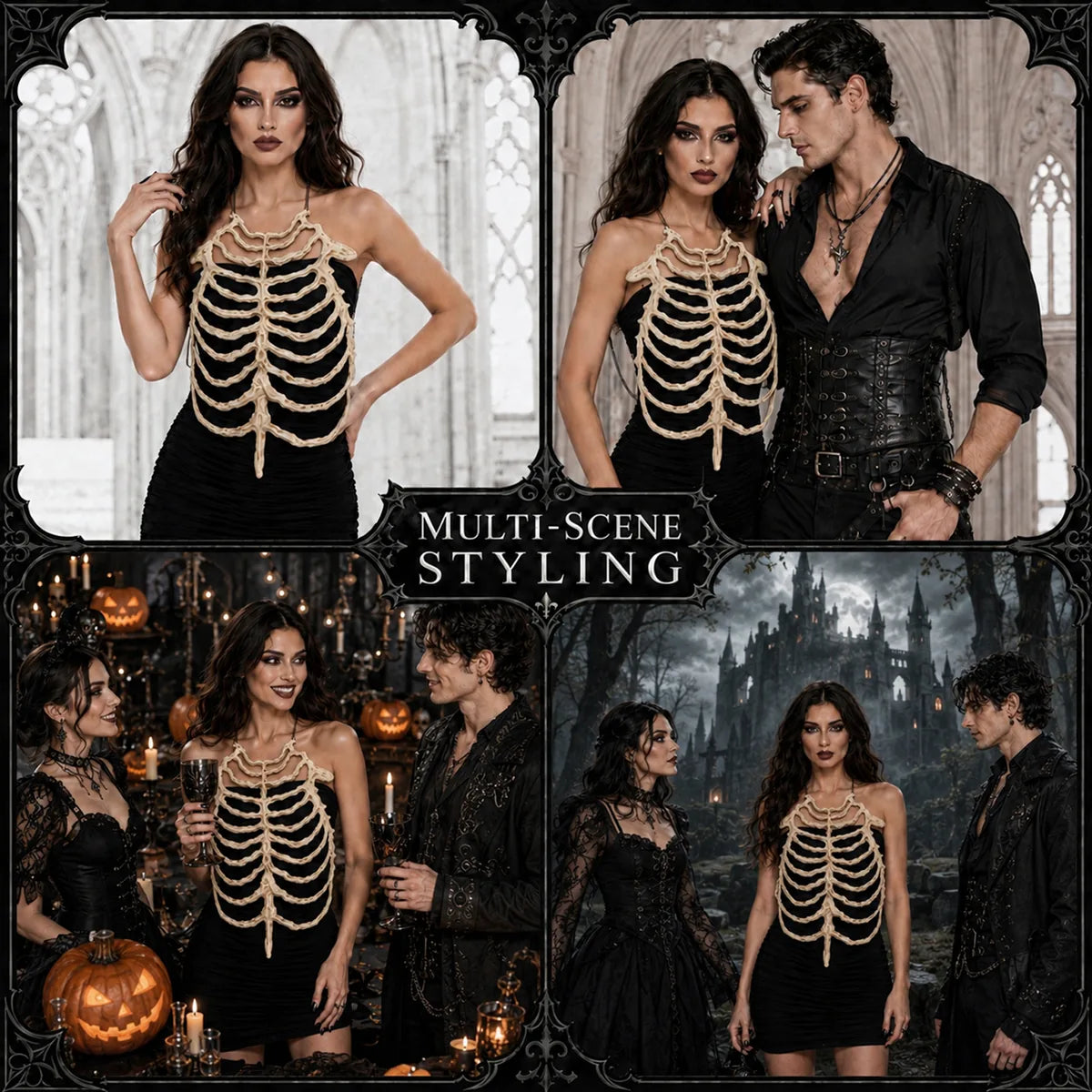 The bone skeleton chest armor shown across several styled Halloween and event display scenes.