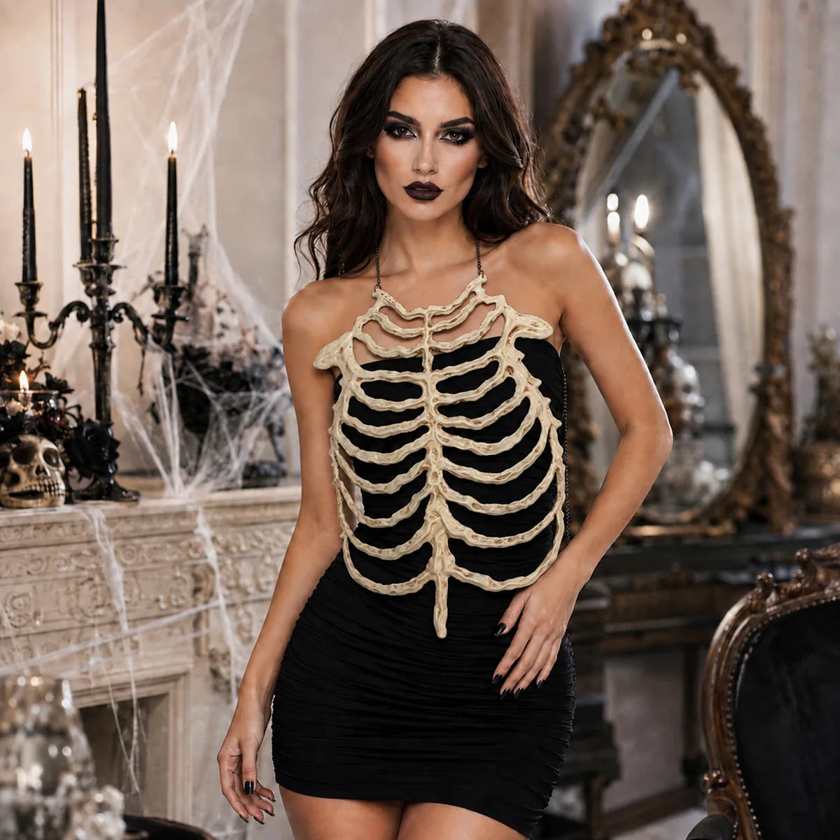 The bone skeleton chest armor displayed in a styled Halloween scene for visual context.