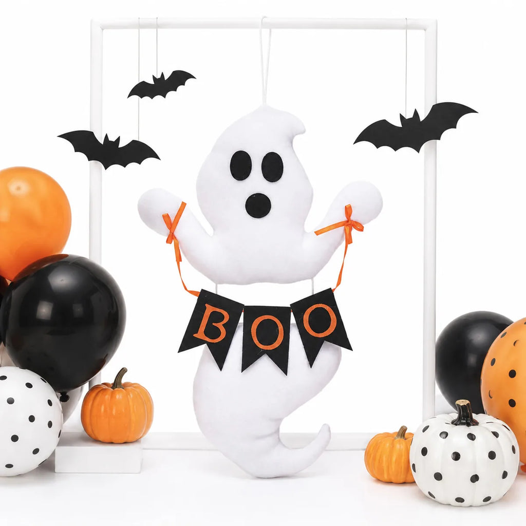 Back view of the boo ghost hanging decoration, showing the rear shape and visible construction.