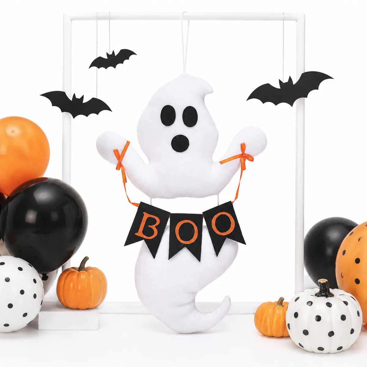 Back view of the boo ghost hanging decoration, showing the rear shape and visible construction.
