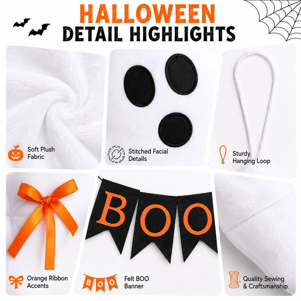 Close-up details of the boo ghost hanging decoration, showing visible texture, color, and construction.