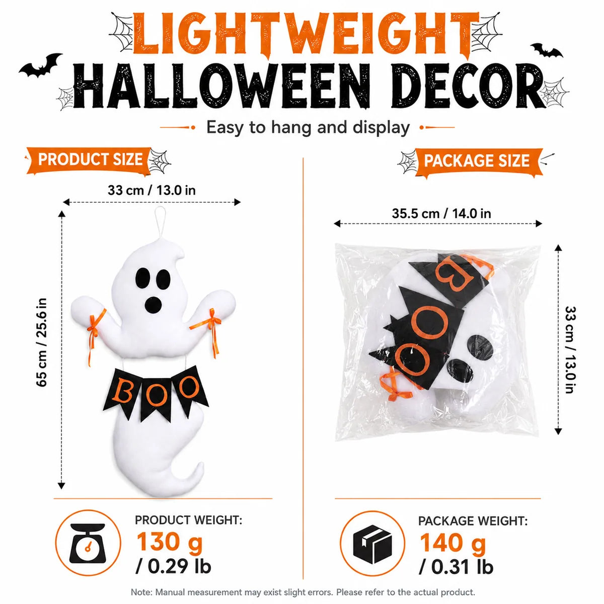 Dimension chart for the boo ghost hanging decoration, showing the listed product measurements and scale.