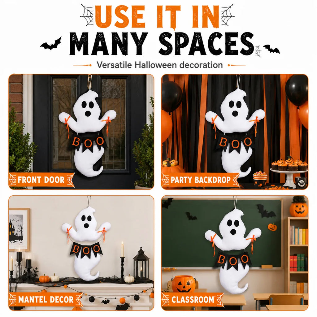 The boo ghost hanging decoration shown across several styled Halloween and event display scenes.