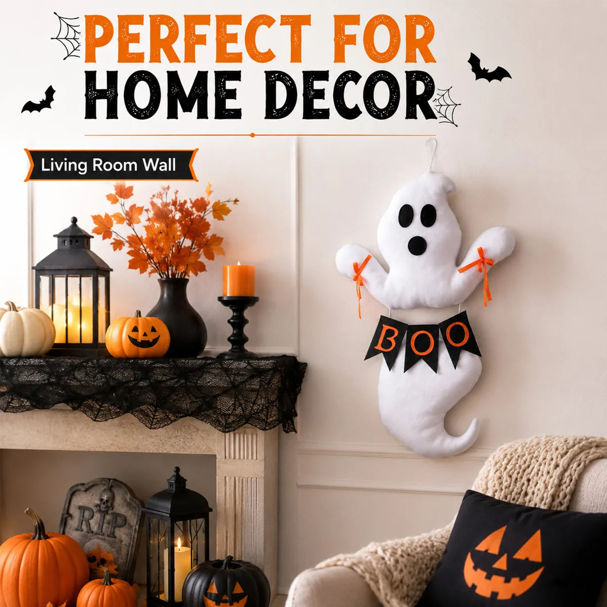 The boo ghost hanging decoration displayed in a styled Halloween scene for visual context.
