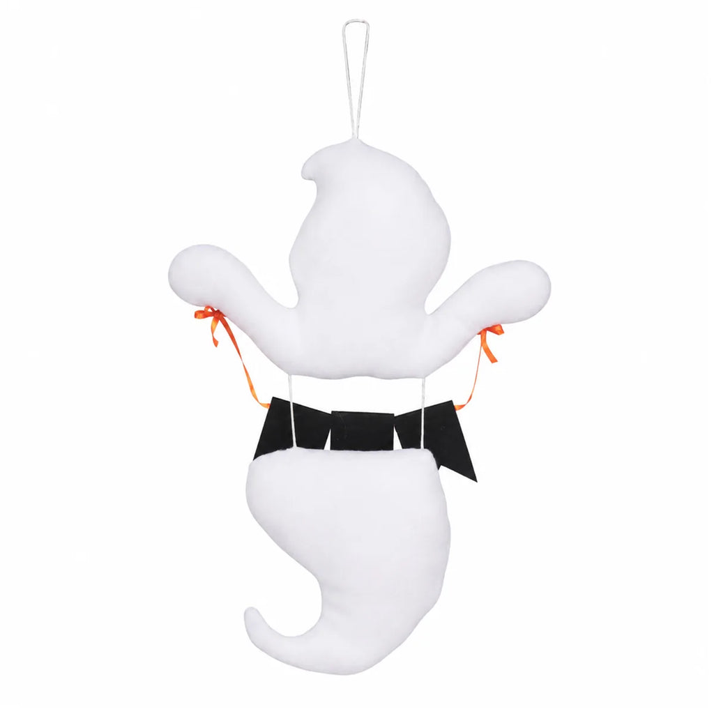 Side view of the boo ghost hanging decoration, showing its profile and visible construction details.