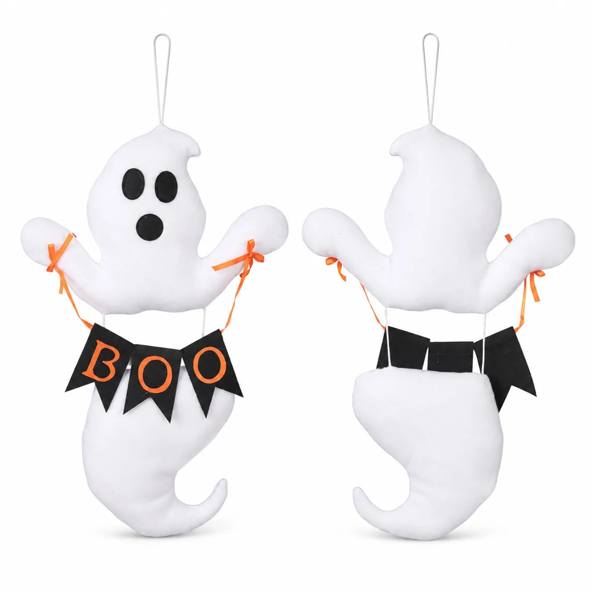 Multiple-angle view of the boo ghost hanging decoration, showing its shape from different sides.