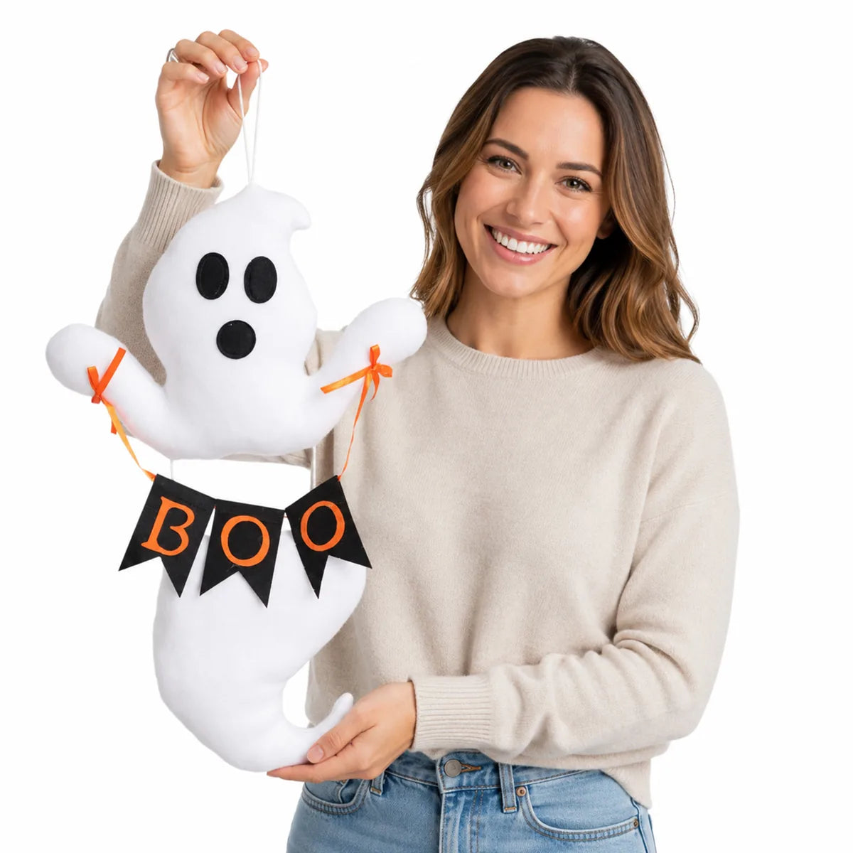 Styled view of the boo ghost hanging decoration, showing how the item appears in use.
