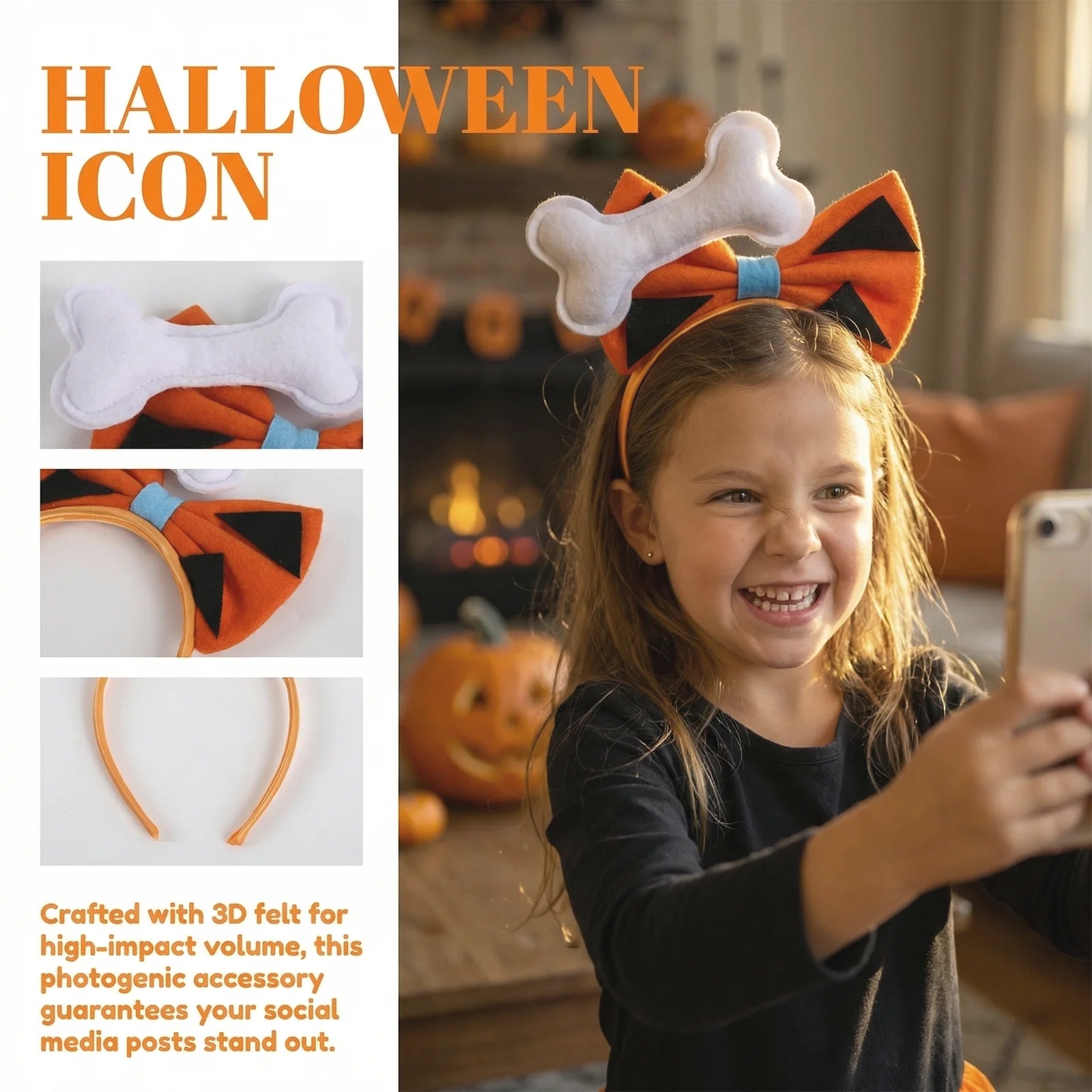A detail panel presents bow, bone and black spot detail on cavegirl headband for the orange cavegirl bone bow headband, highlighting the orange bow, black triangular spots and white bone decoration.