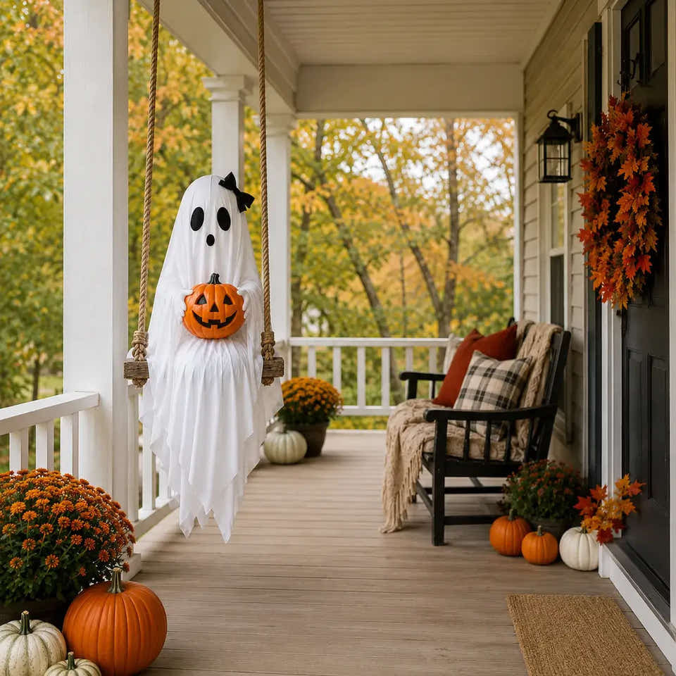 Bow ghost swing hanging on a covered porch with pumpkins and fall decorations