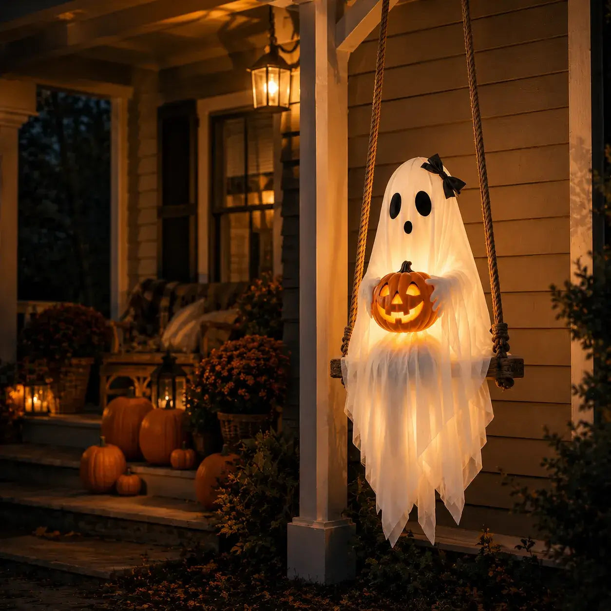 Bow hanging ghost decoration with warm pumpkin light for cozy Halloween night decor