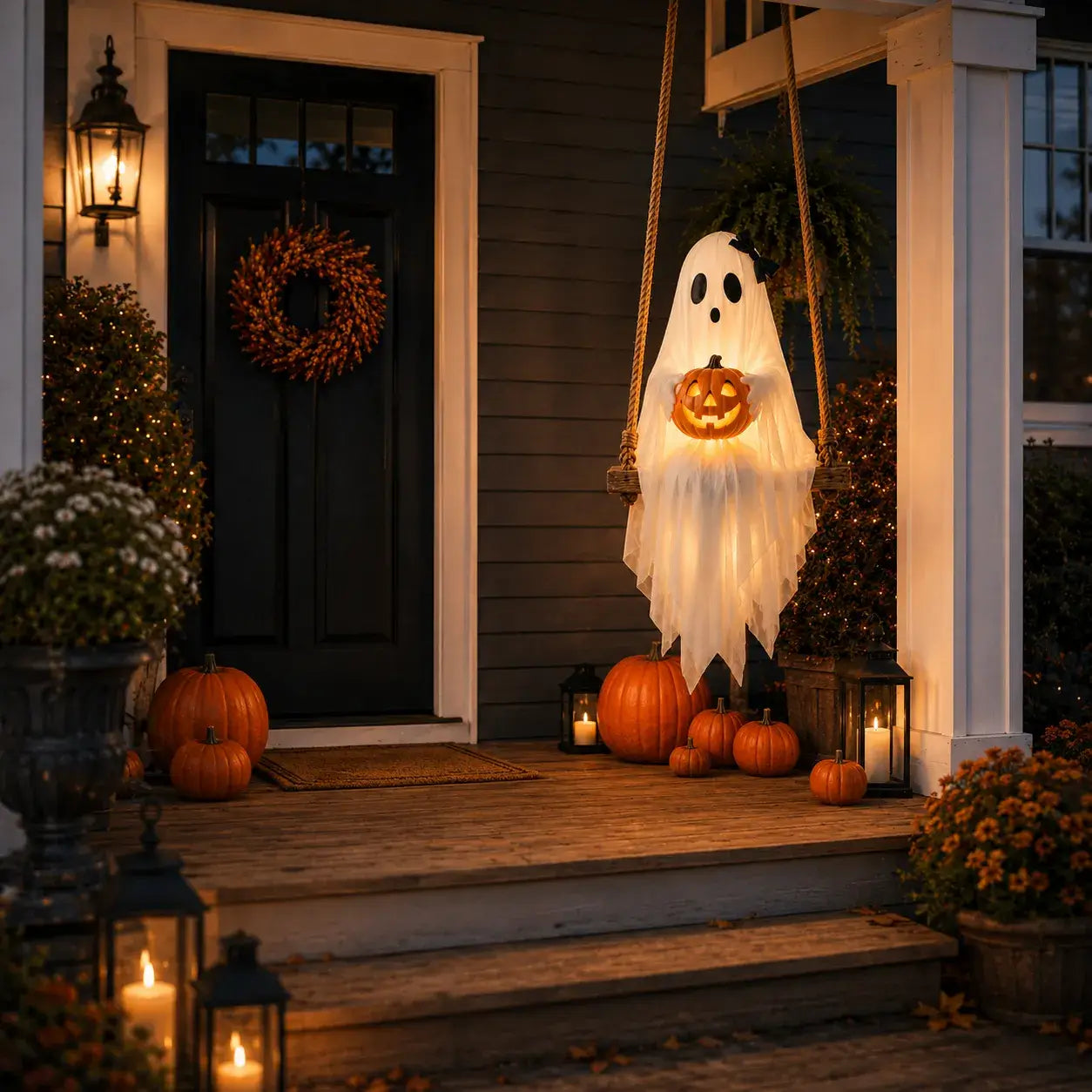 Bow light up ghost swing with glowing pumpkin for Halloween porch display