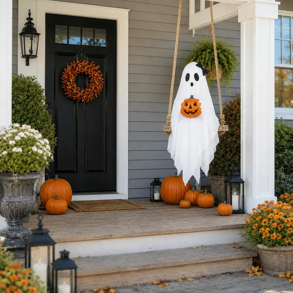 Bow ghost swing with glowing pumpkin for cute Halloween porch decor