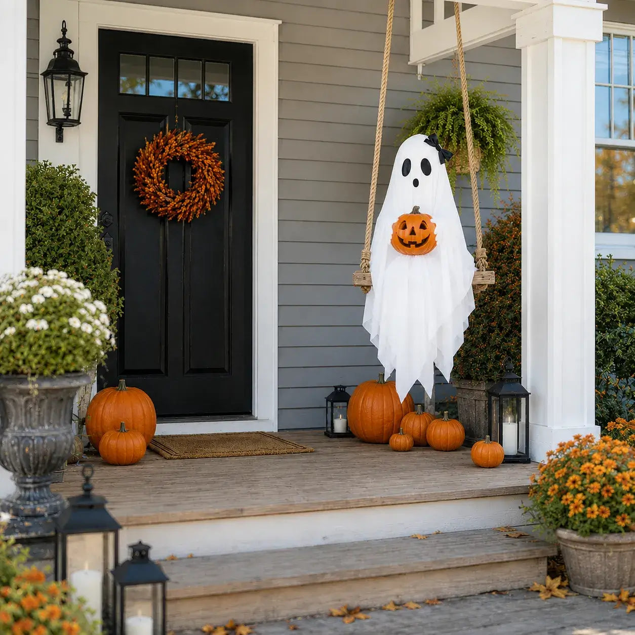 Bow ghost swing with glowing pumpkin for cute Halloween porch decor