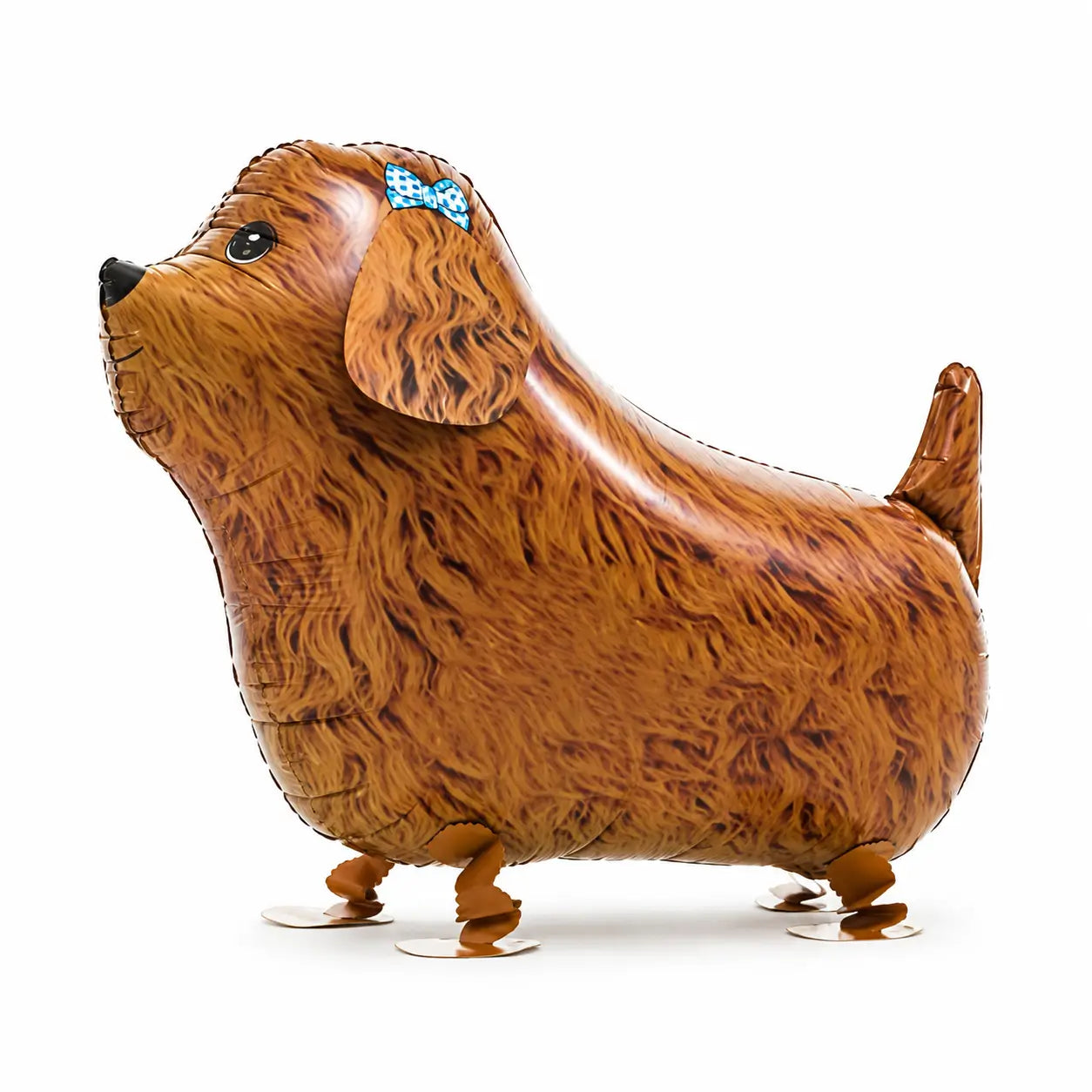 Brown dog walking balloon toy on white background