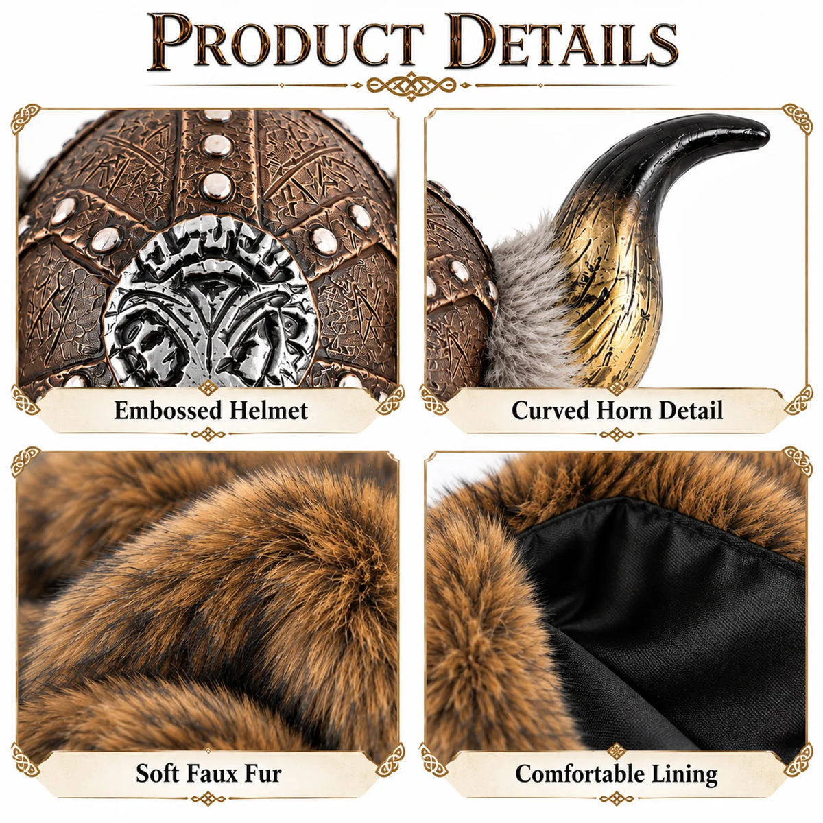 Product details close ups labeled Embossed Helmet, Curved Horn Detail, Soft Faux Fur and Comfortable Lining