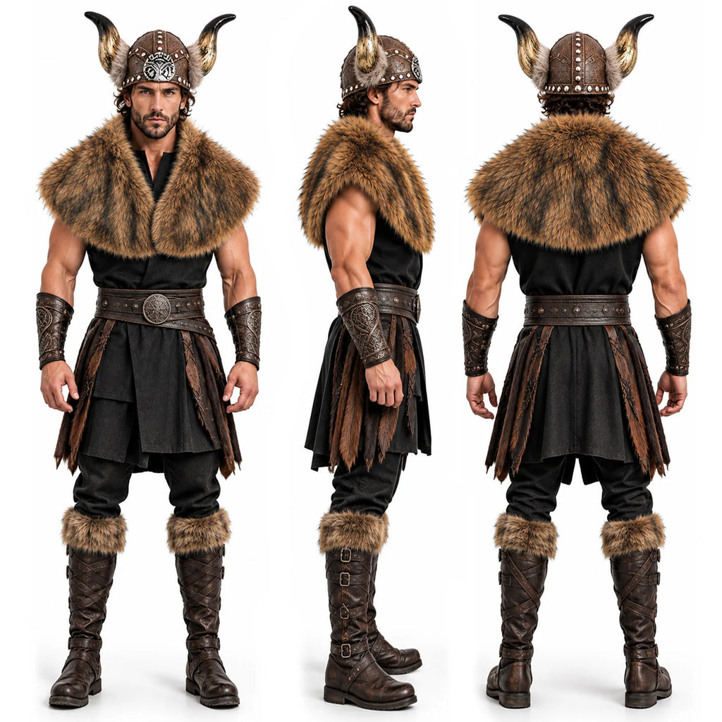 Full length front side and back views of a man wearing the brown faux fur cape and horned helmet with fur boots