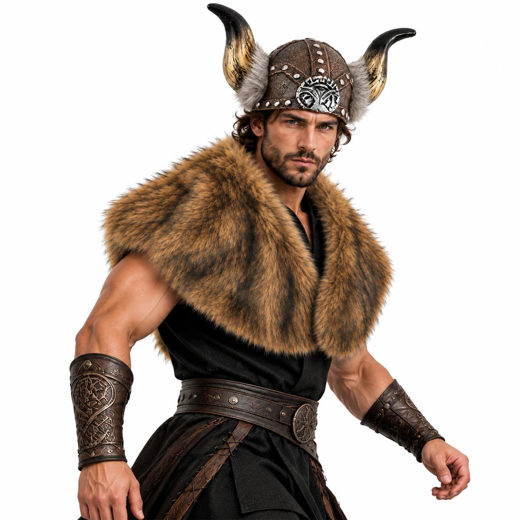 Man posing in a three-quarter front view wearing the shaggy brown fur cape, horned helmet, belt and leather bracers