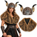 Woman wearing a horned Viking helmet and brown faux fur cape beside the helmet and cape shown alone on white