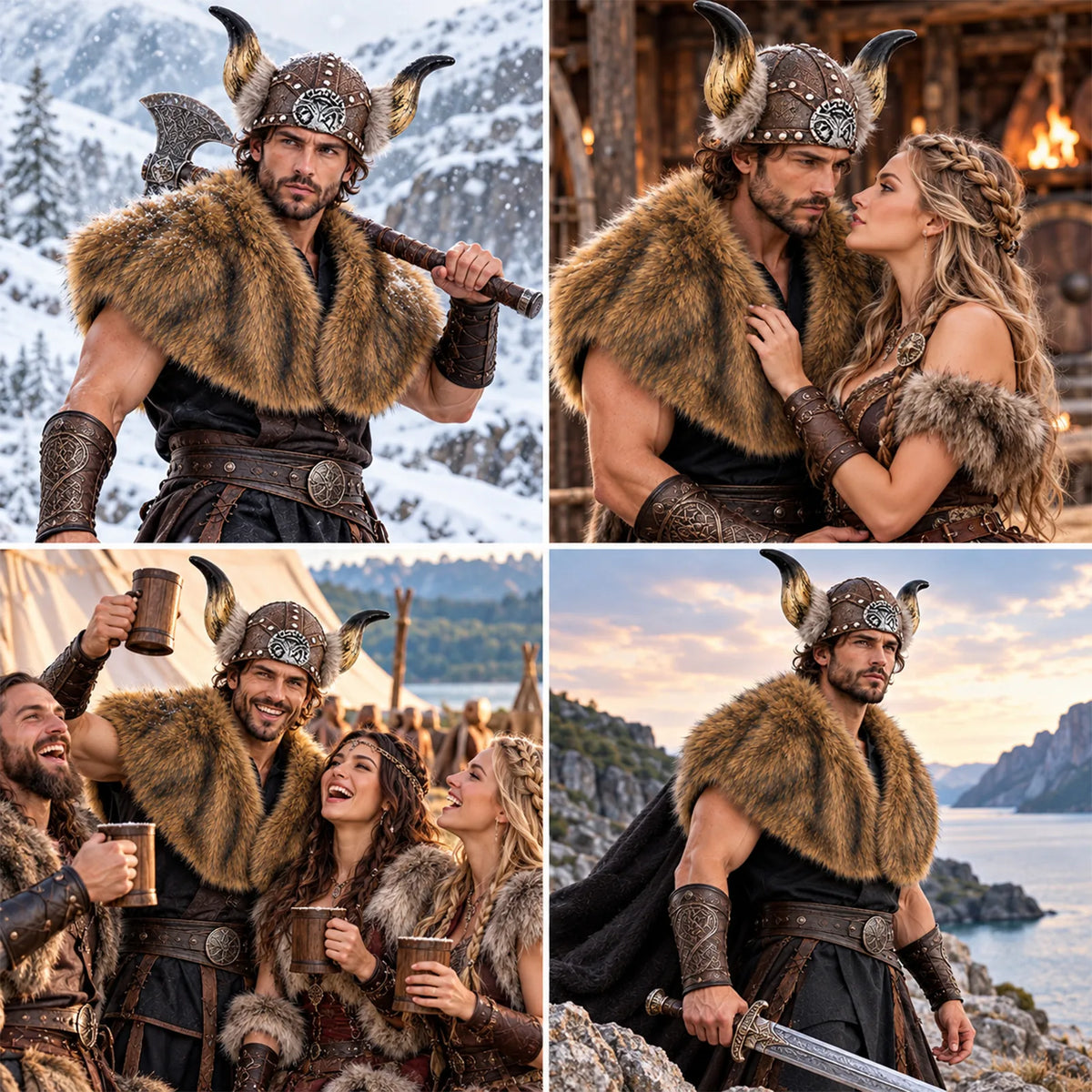 Four panel collage of men and women wearing the fur cape and horned helmet at a feast and by the coast