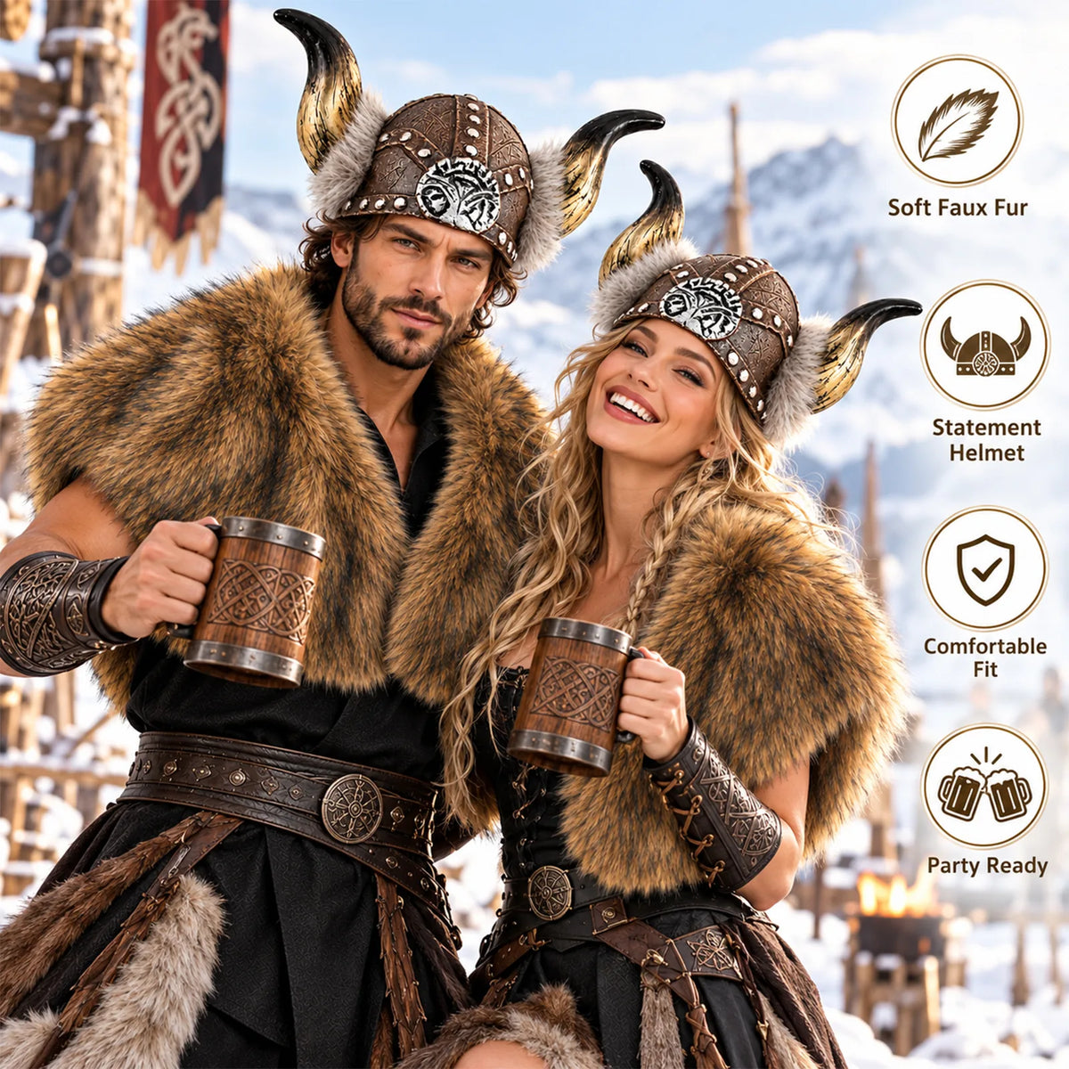 Smiling couple in matching horned helmets and brown fur capes raising wooden mugs in a snowy Nordic village