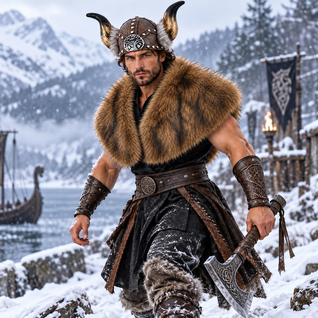 Man in the horned helmet and brown faux fur cape striding through snow in front of mountains and a village