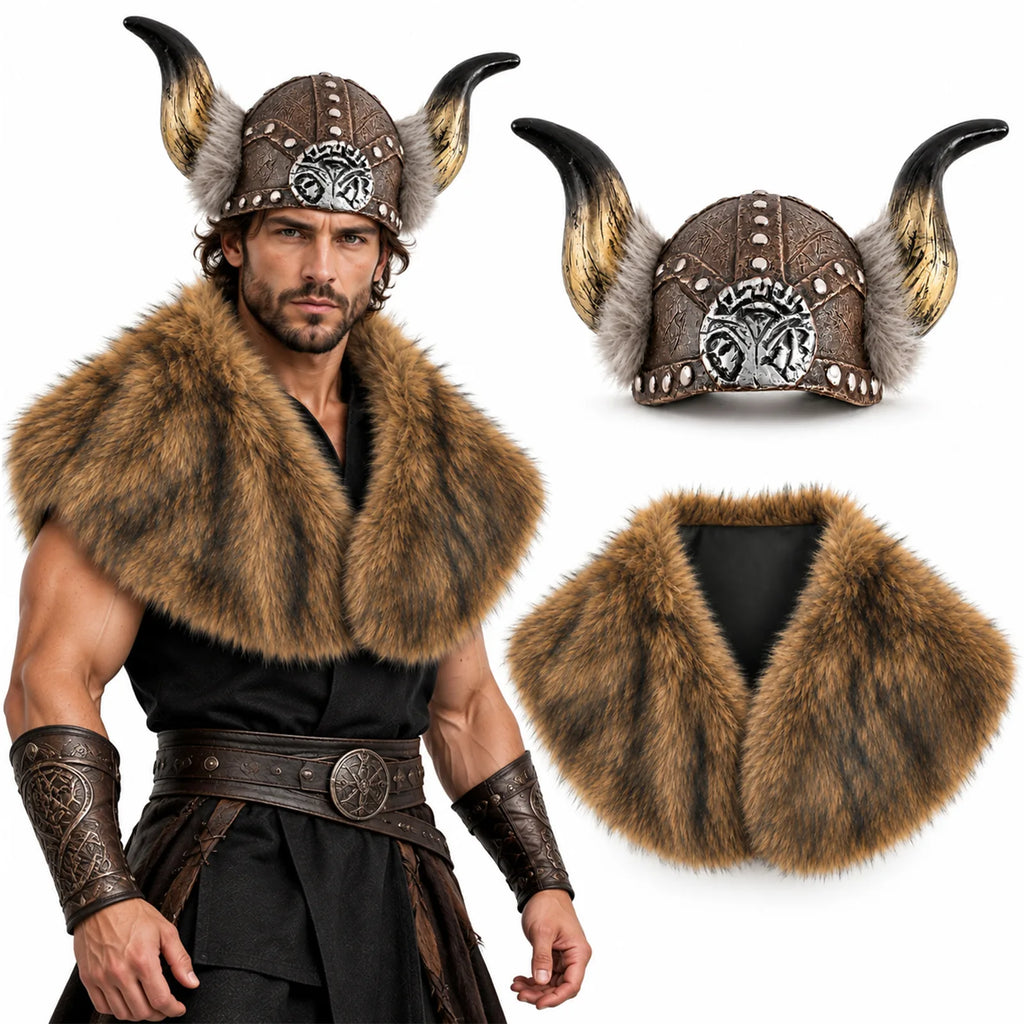 Bearded man in a brown faux fur shoulder cape and studded horned helmet next to the two pieces displayed separately