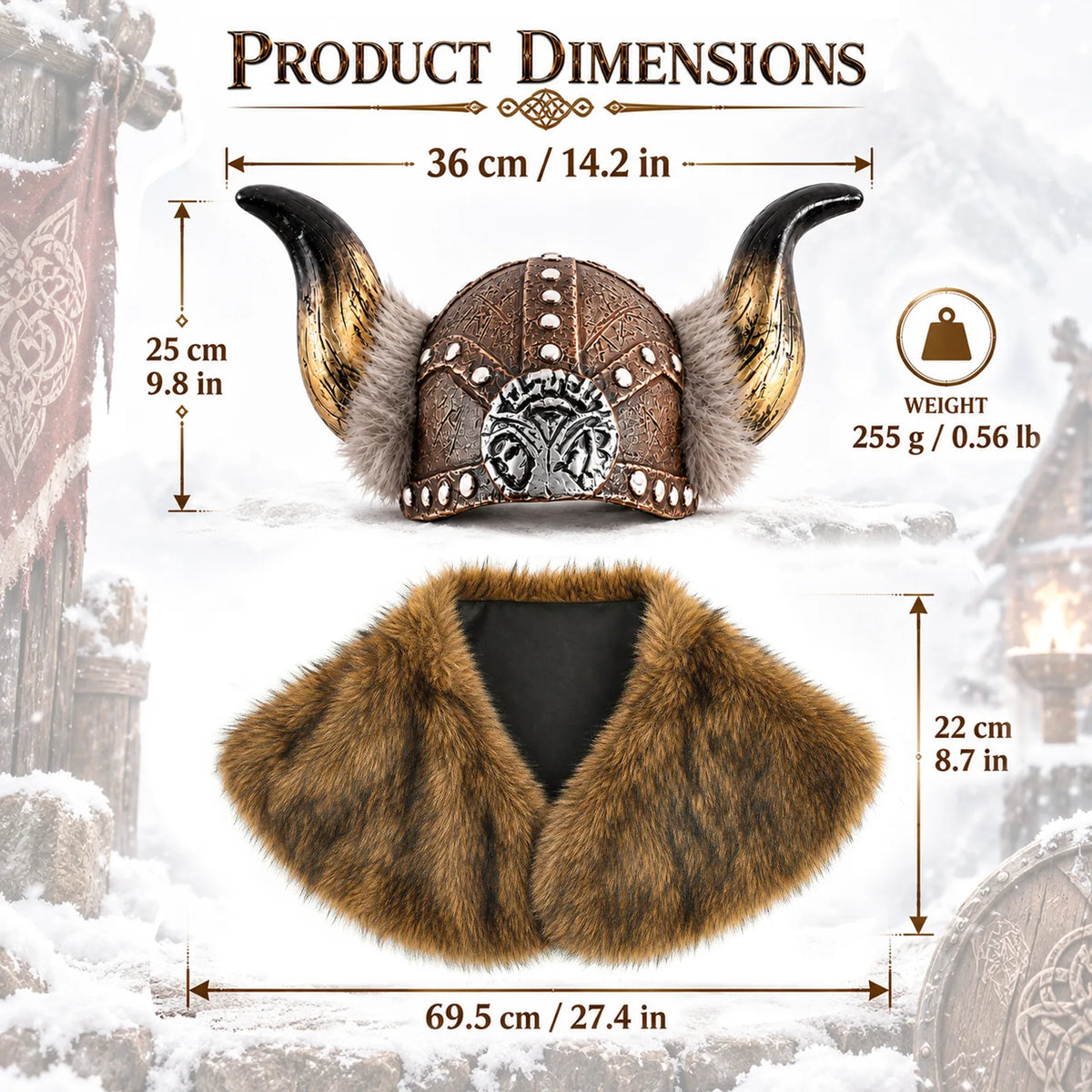 Product dimensions chart showing the helmet at 36 cm by 25 cm weighing 255 g and the cape at 69.5 cm by 22 cm