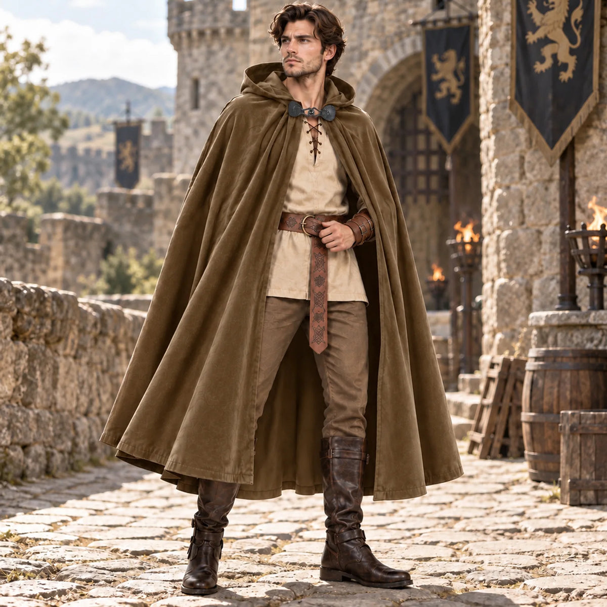 A man in a brown hooded cloak with brown belt walks across a cobblestone castle courtyard hung with banners.