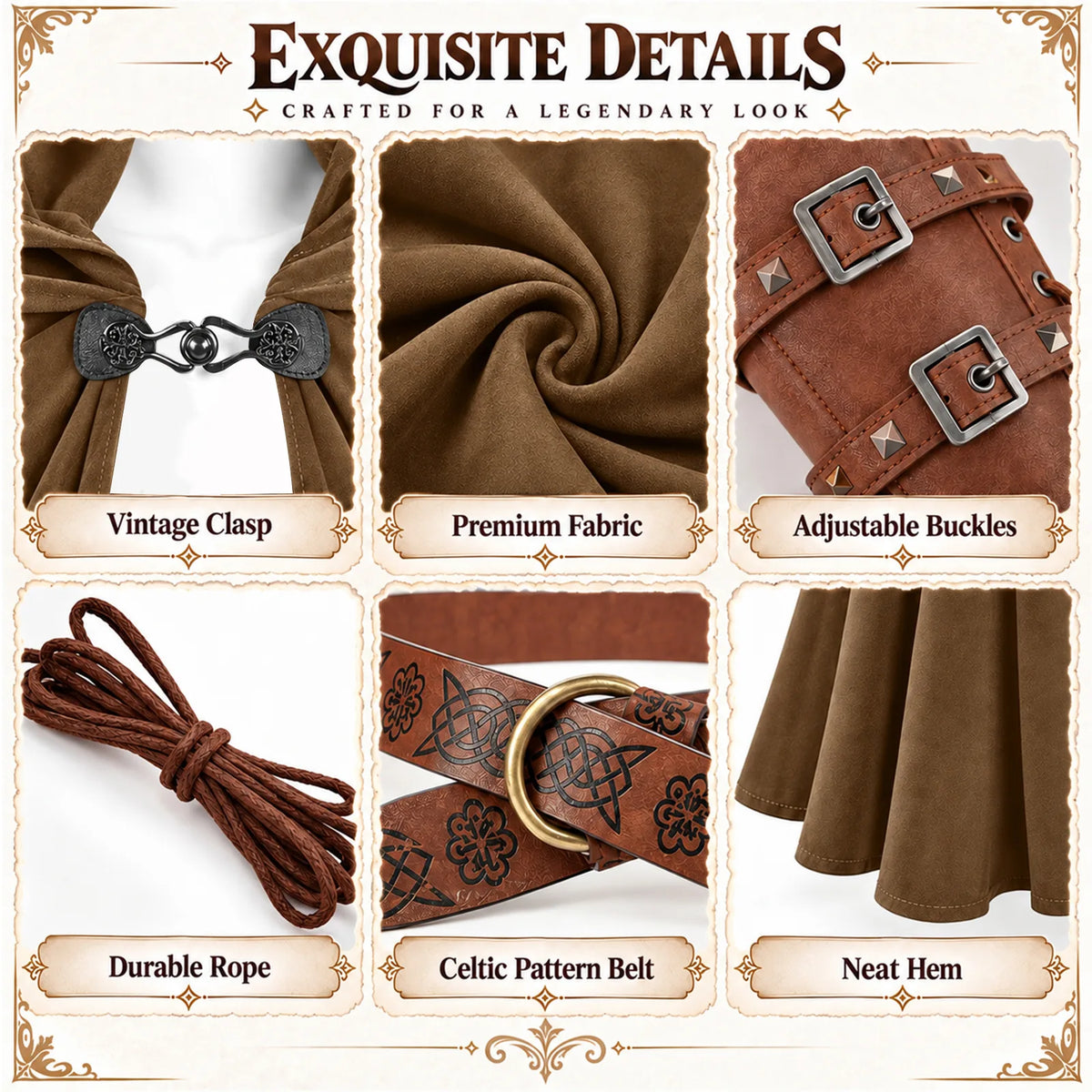 Exquisite Details panel with brown cloak close-ups: Vintage Clasp, Premium Fabric, Adjustable Buckles, Durable Rope, Celtic Pattern Belt and Neat Hem.