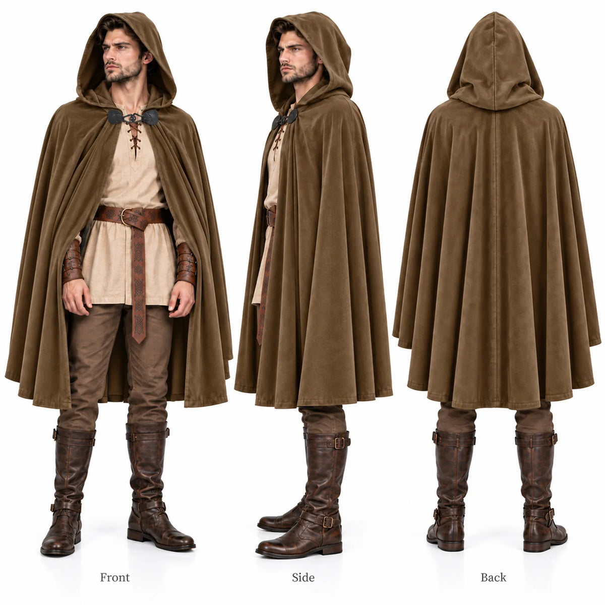 A man models the brown hooded cloak from labeled front, side and back views on a white background.