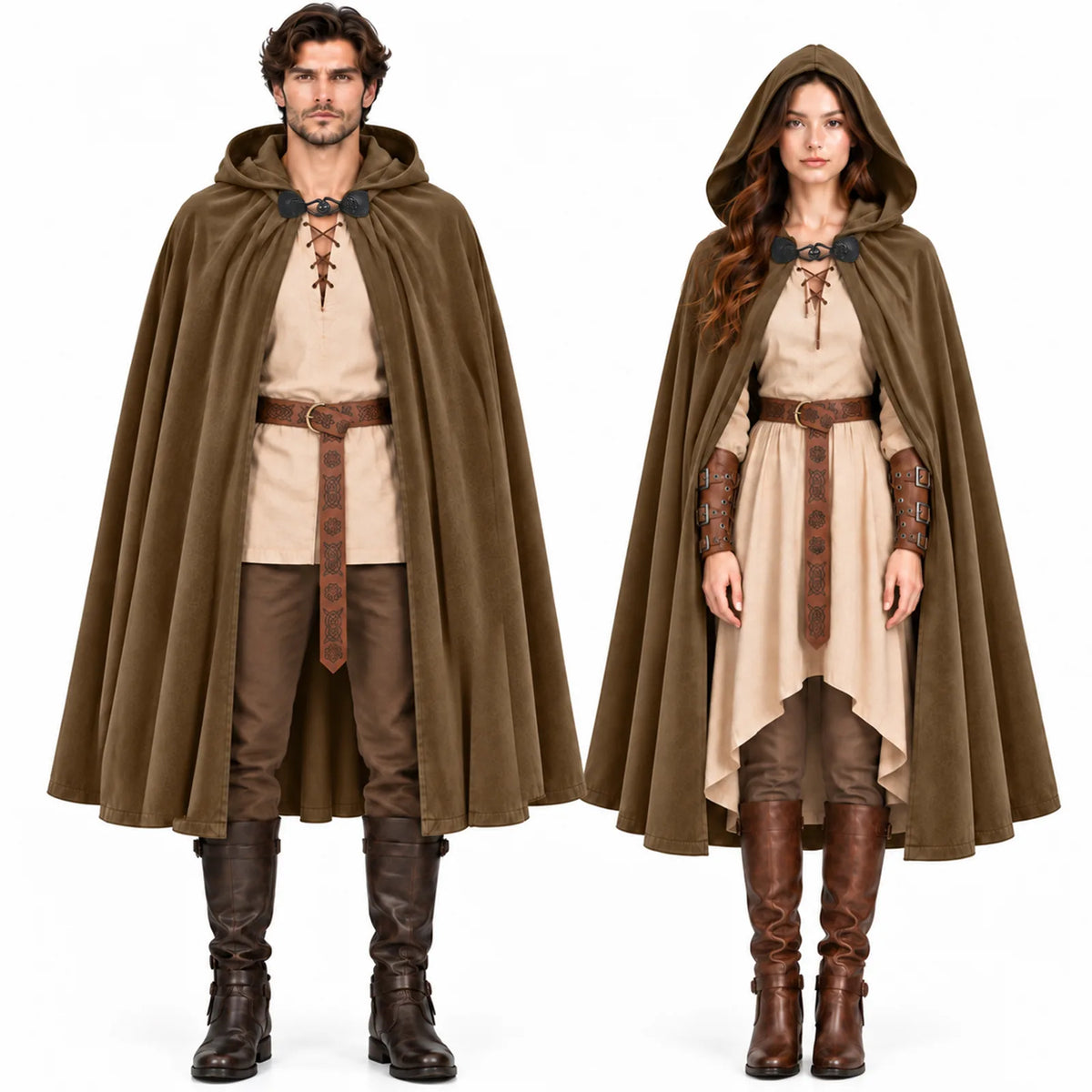 A man and a woman stand side by side wearing brown hooded cloaks with brown leather wrist guards and belts.