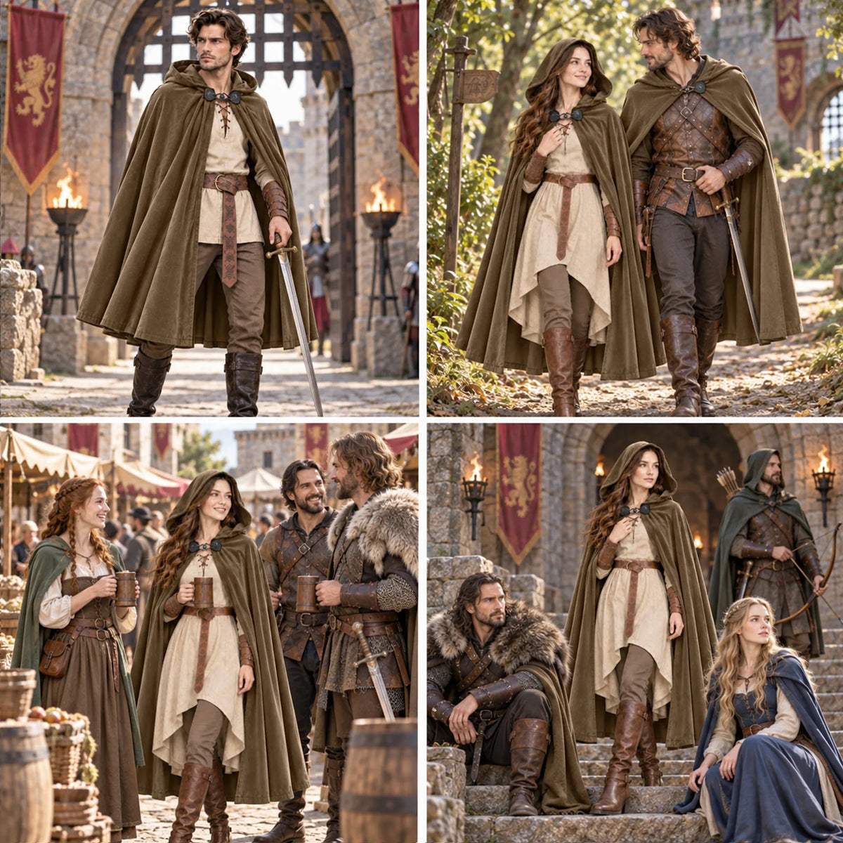 Four-panel collage of people wearing brown hooded cloaks in castle, tavern and fireside medieval settings.