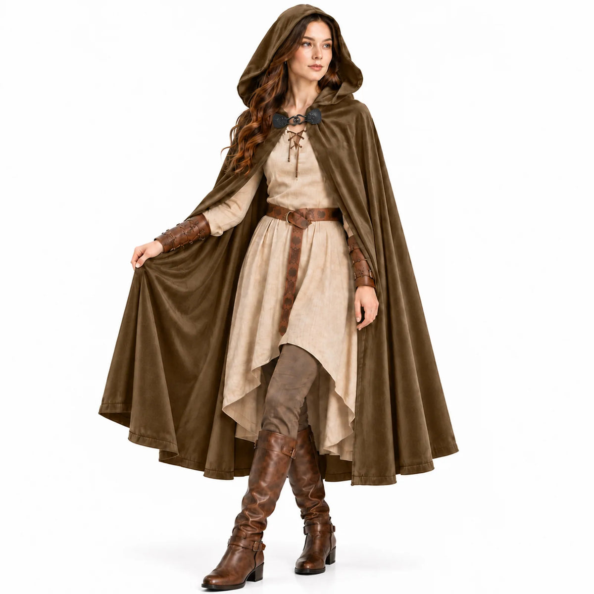 A woman in a brown hooded cloak walks forward, lifting one side of the cloak to show its flowing drape.