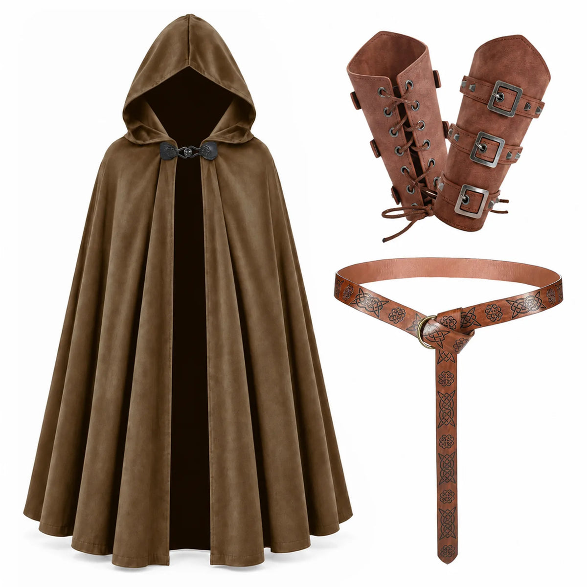 The brown hooded cloak laid out with a pair of brown leather wrist guards and a brown Celtic pattern belt.