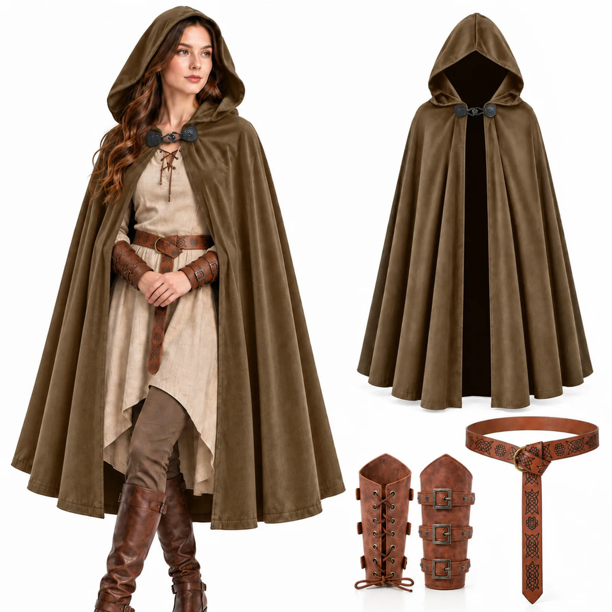 A woman wears the brown hooded cloak beside the empty cloak, two brown wrist guards and the brown belt.