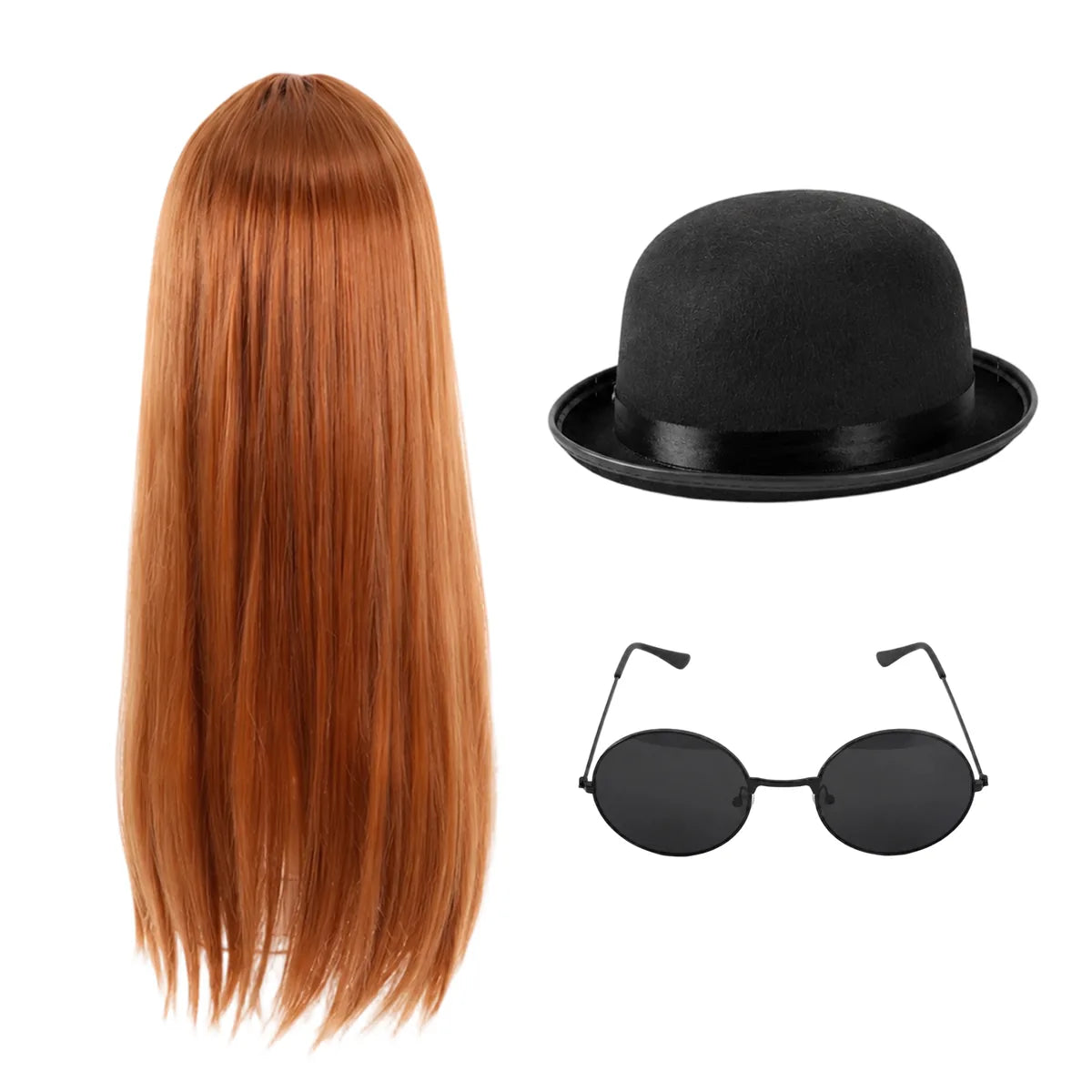 Three-piece costume accessory set with long brown hairpiece, black bowler hat, and round glasses.