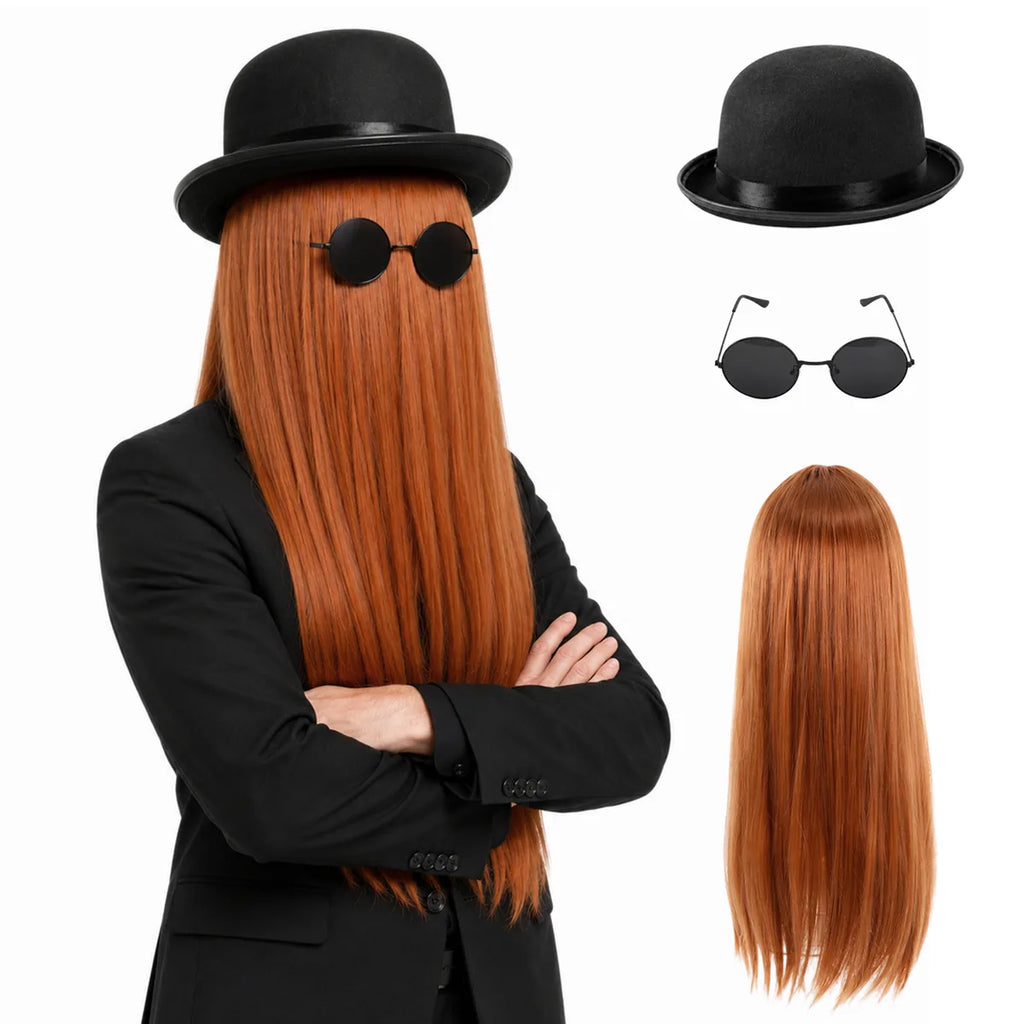 Display of the brown long hair costume accessory set shows the three included costume accessories separately and worn.
