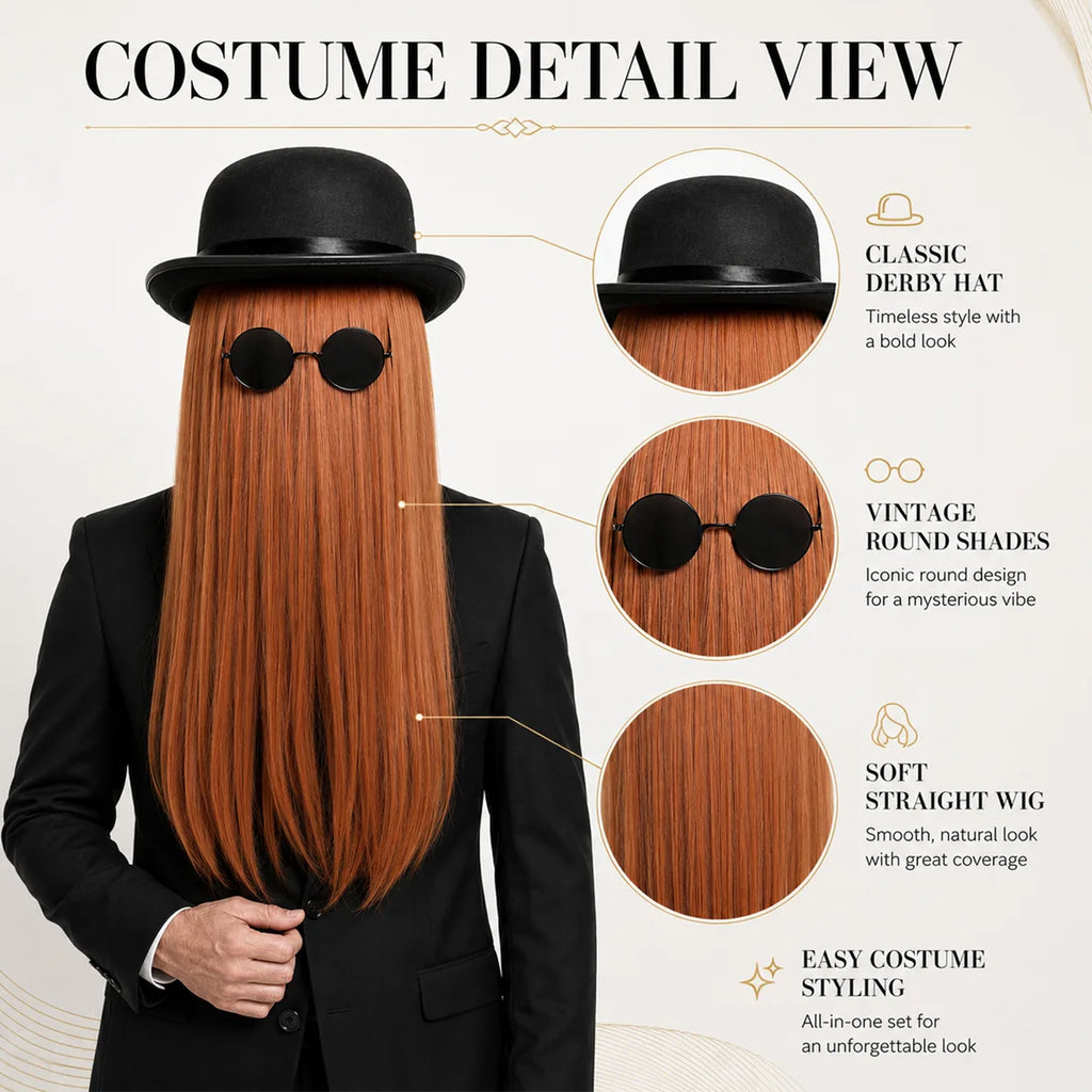 Close-up of the brown long hair costume set showing the straight hairpiece, bowler hat and round glasses.