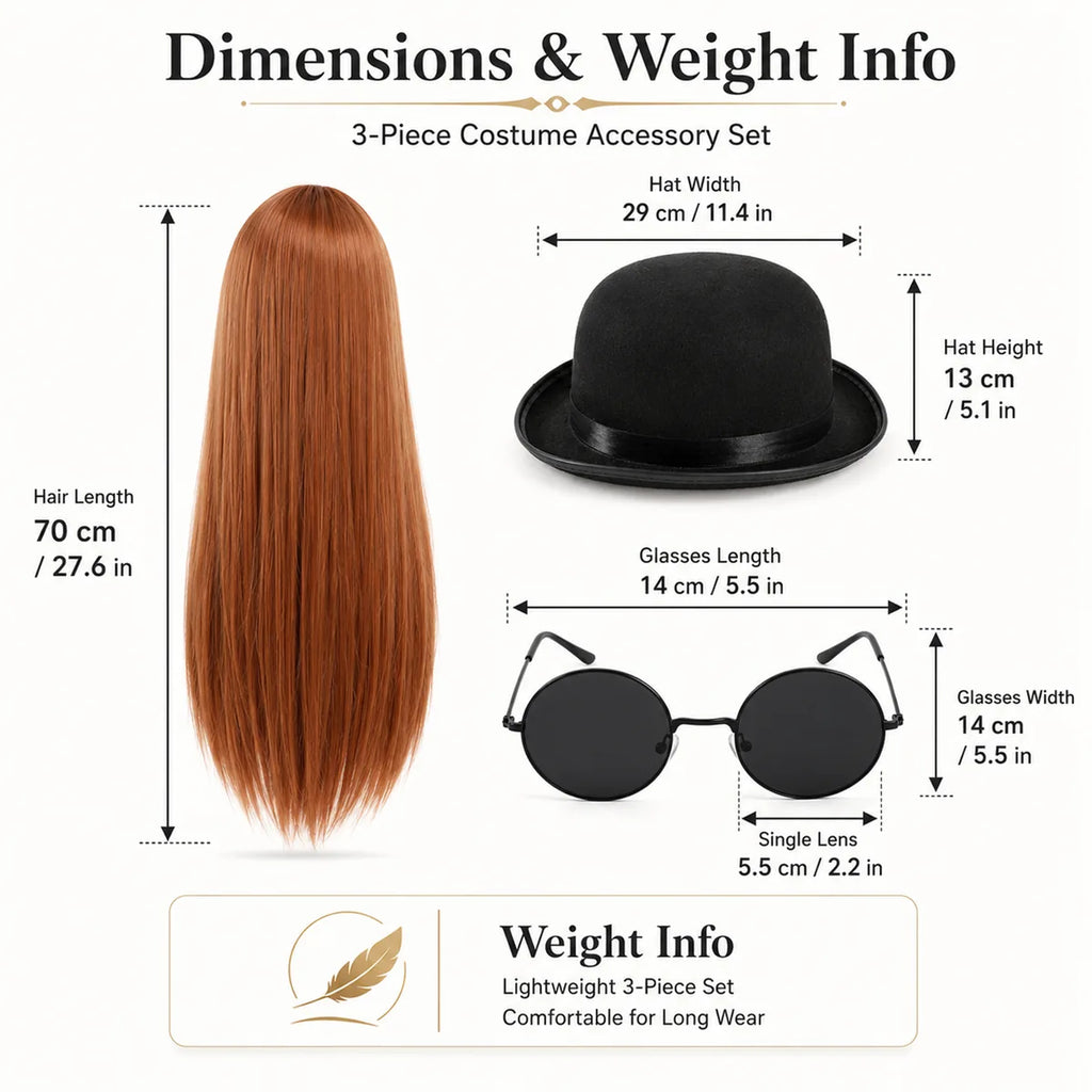 Dimension chart for the brown long hair costume set showing measurements for the hairpiece, hat and glasses.