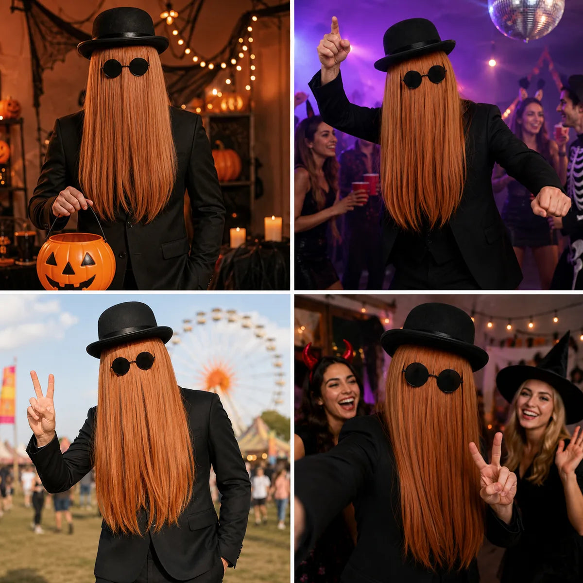 Three-piece brown hair costume set shown at Halloween, dance, fair, and group events.