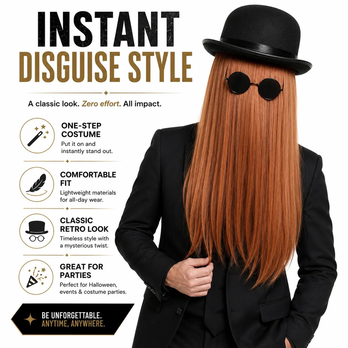 Feature summary highlights the long brown hairpiece, black bowler hat, and round glasses.