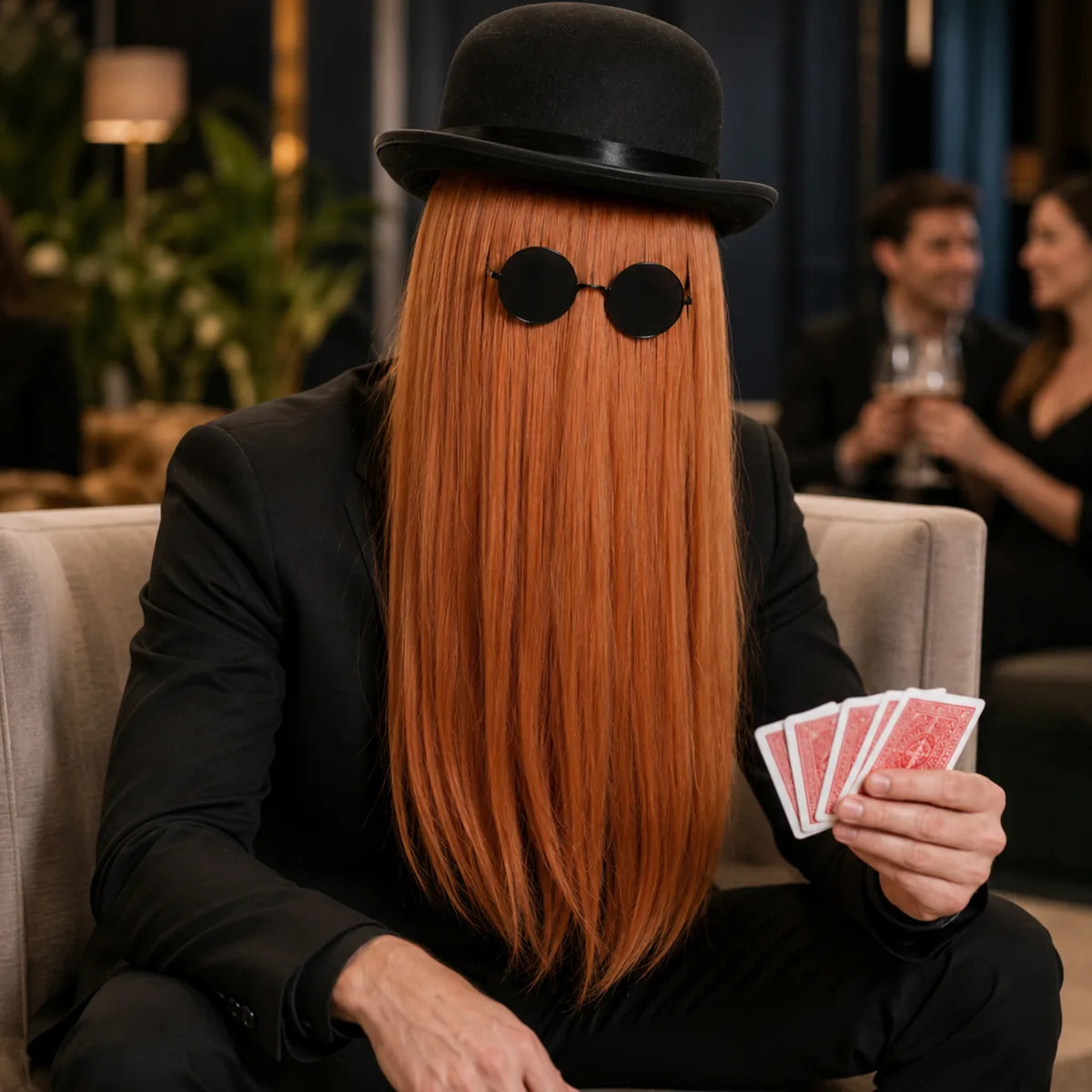 Brown long-hair costume accessory set worn at an indoor party.