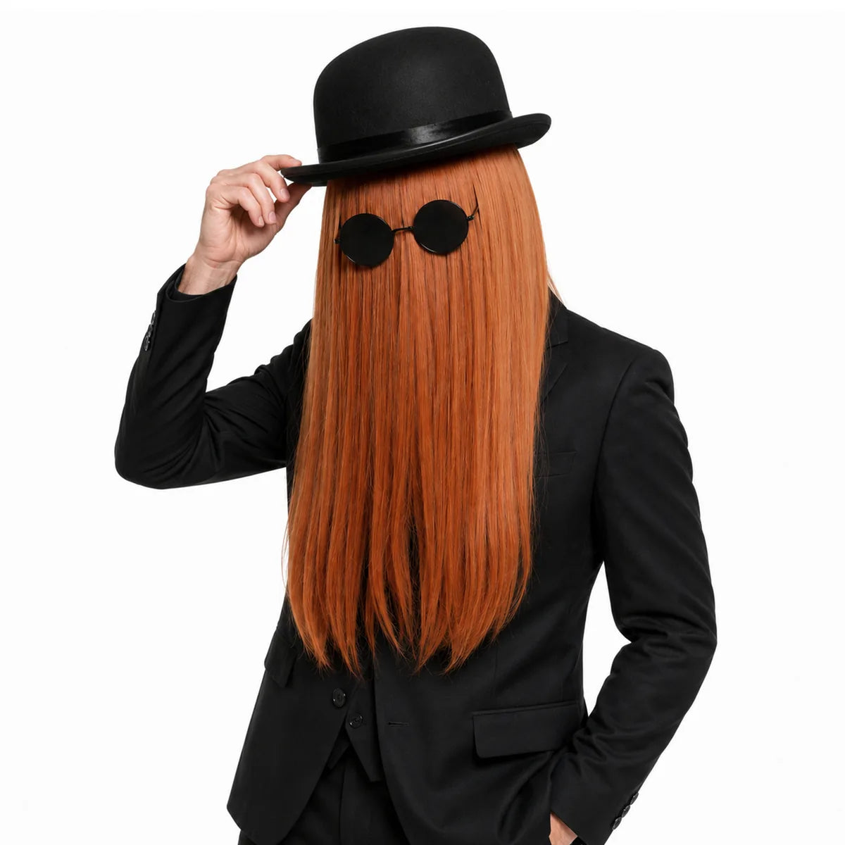 Styled view of the brown long hair costume set with an adult wearing the hairpiece, bowler hat and round glasses.