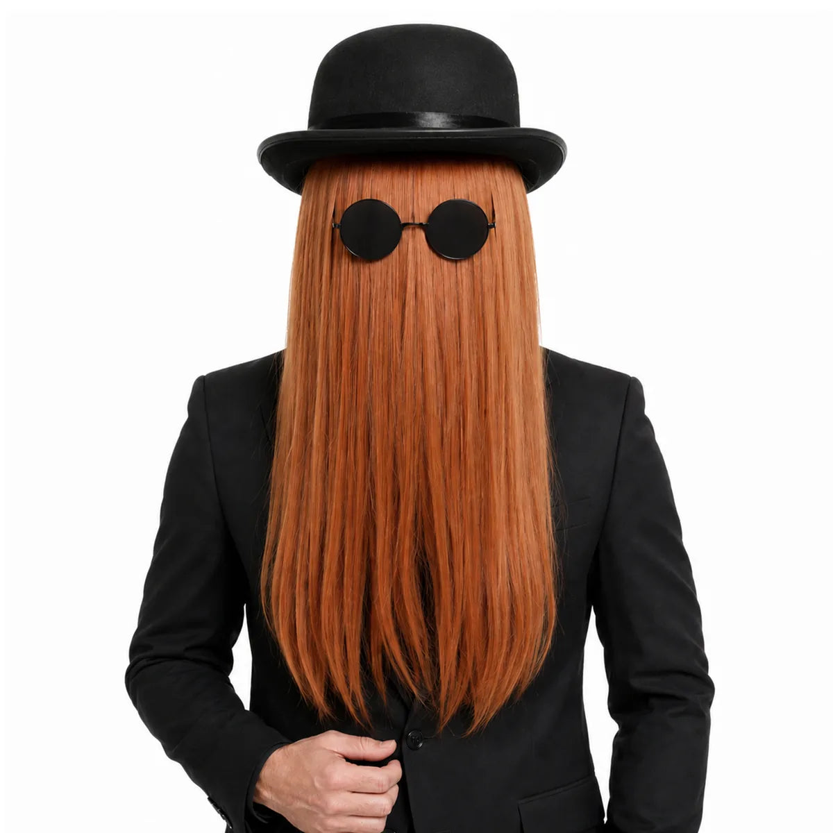 Adult wears the long brown hairpiece, black bowler hat, and round glasses.