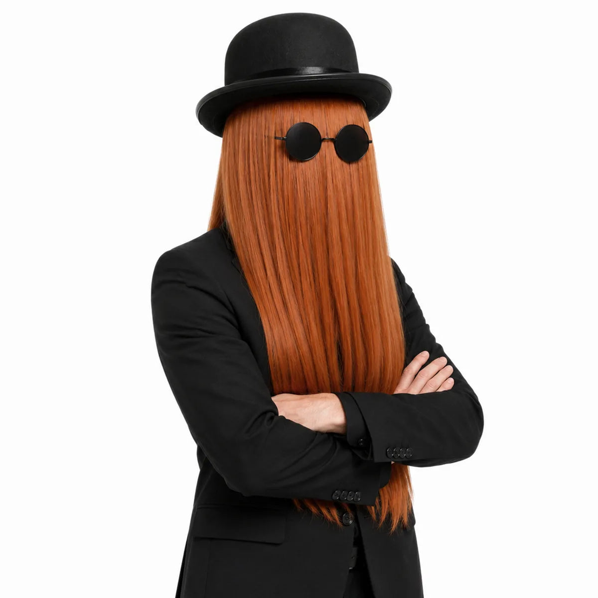 Adult poses in the coordinated brown hair, hat, and glasses costume set.