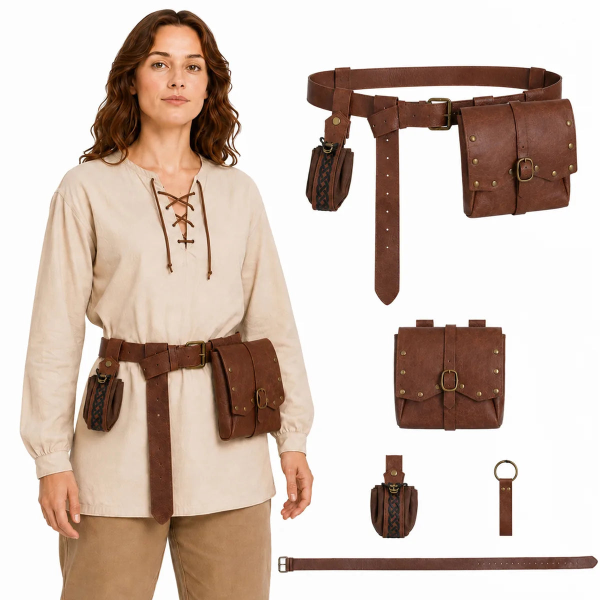 Front view of the brown medieval belt set, showing its overall shape and visible design.