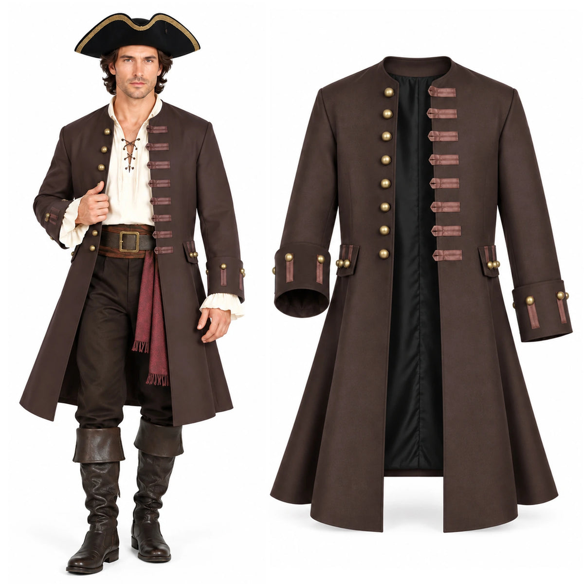 A man wears the brown pirate coat beside the coat displayed on its own.