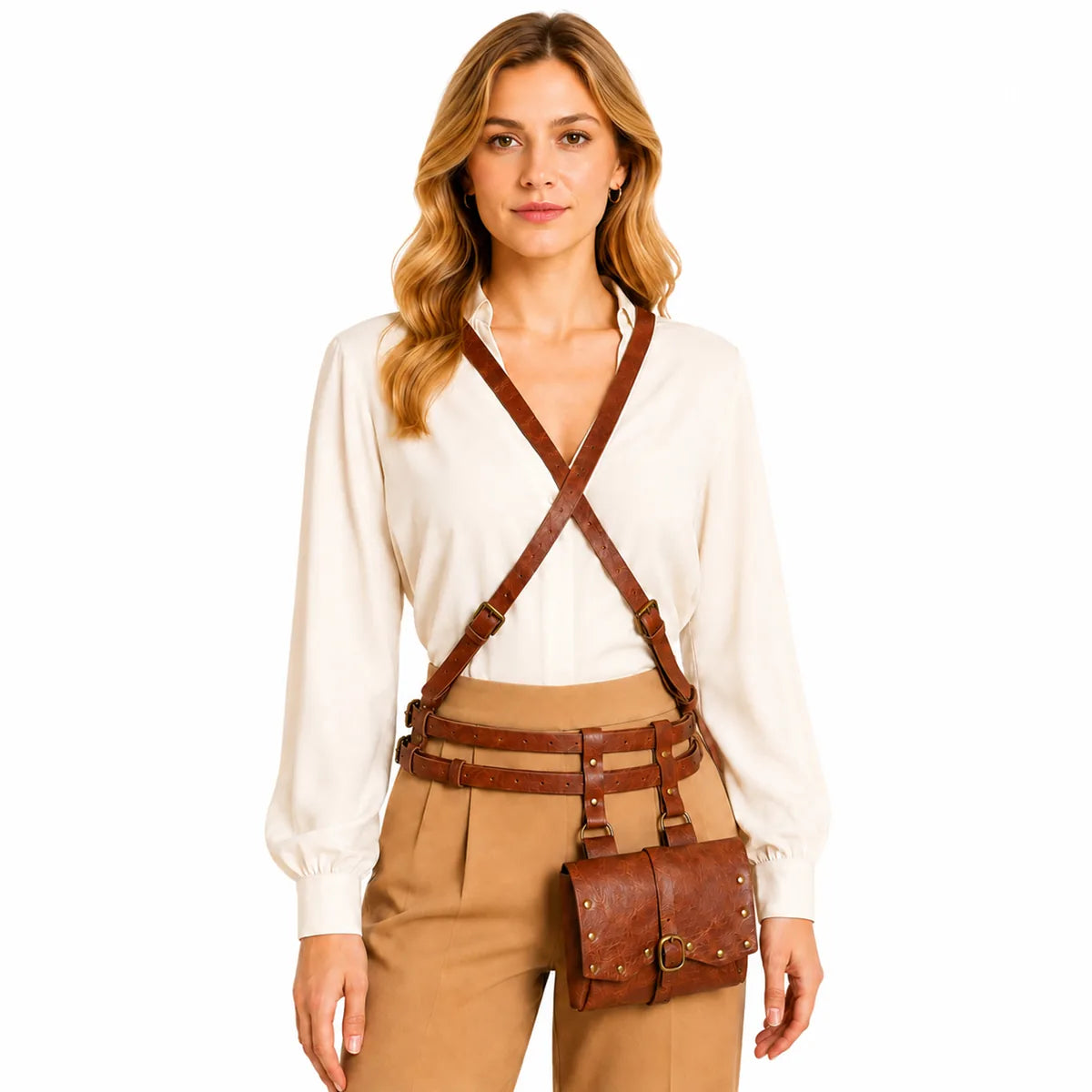 Front view of the brown renaissance harness belt, showing its overall shape and visible design.