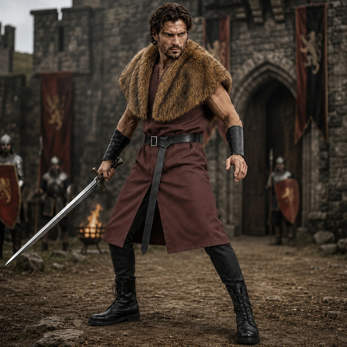Man in brown Viking tunic and faux fur mantle wielding a sword in a castle courtyard medieval battle scene