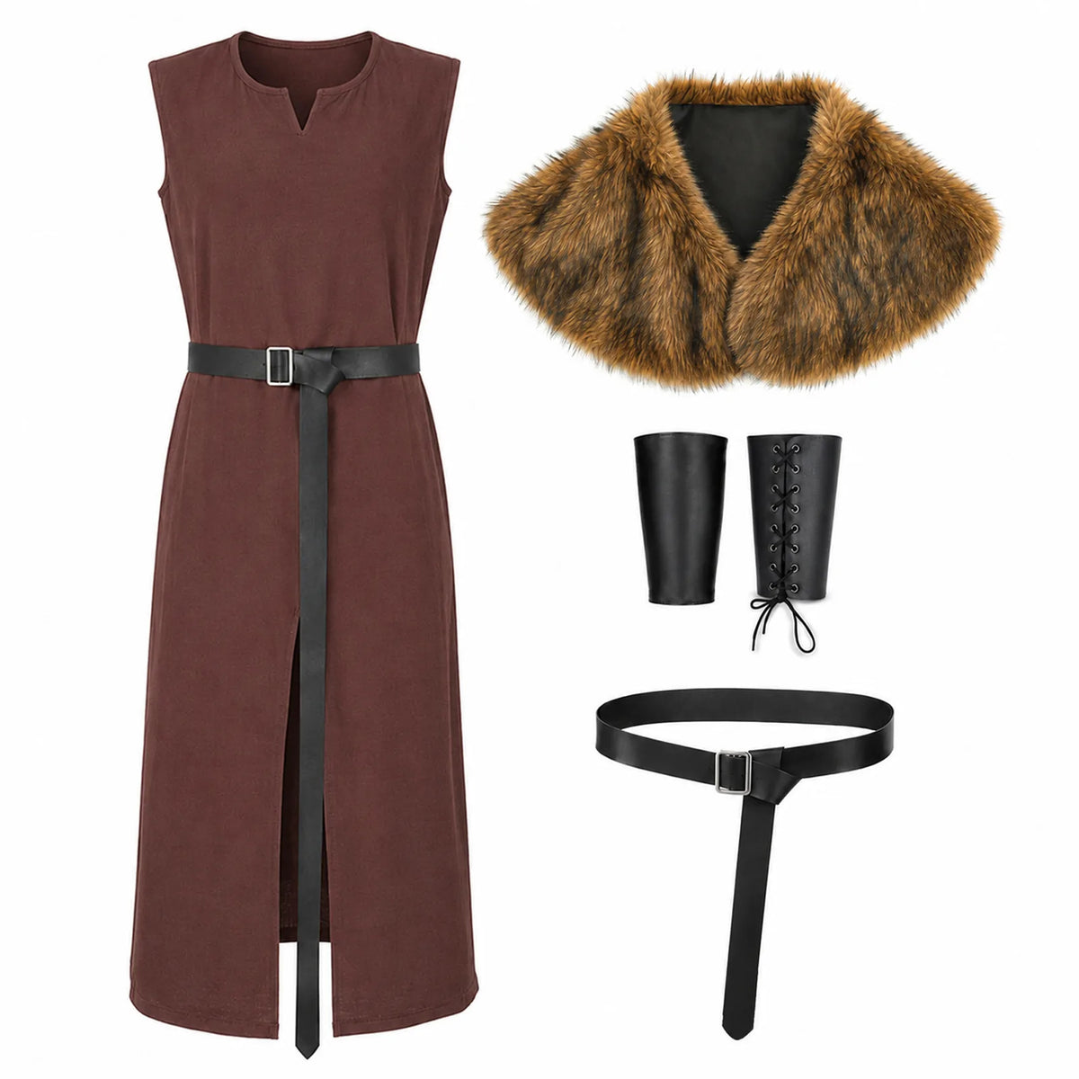Wine brown sleeveless split tunic laid out beside faux fur collar shawl, black buckle belt and lace-up arm bracers